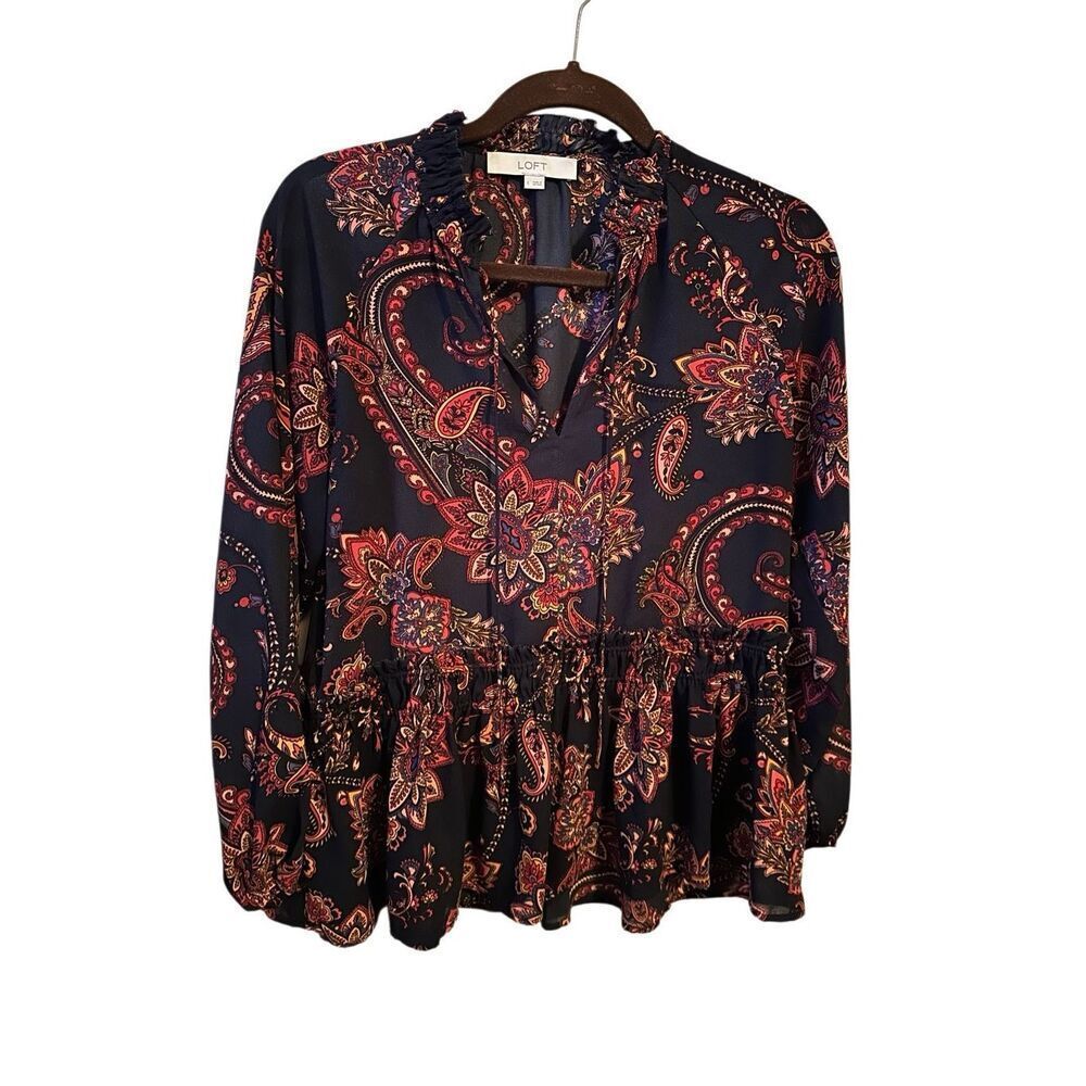 LOFT Paisley Peasant Blouse Size Small Black Multicolor Boho Top